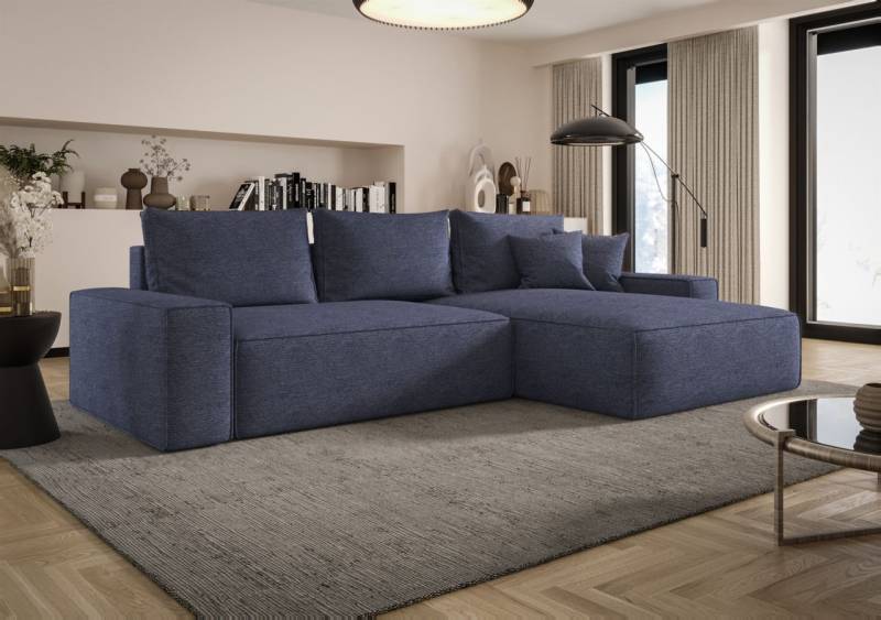 Ecksofa Schlafsofa Sofa WALKEN Stoff Aragon Blau Ottomane Rechts von Fun Möbel