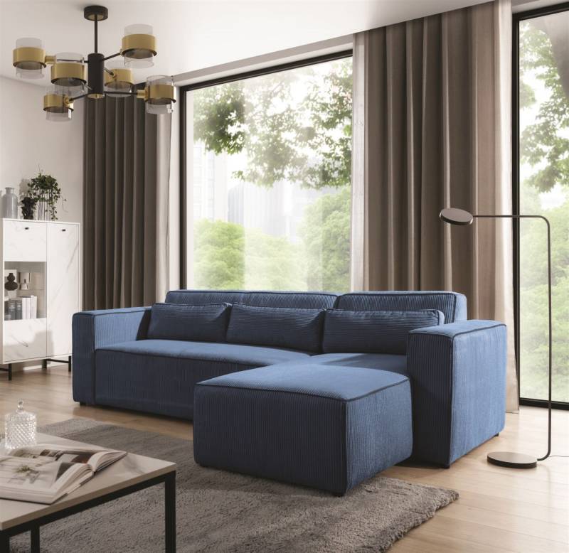 Ecksofa Schlafsofa WALDO Stoff Poso Blau Ottomane Rechts von Fun Möbel