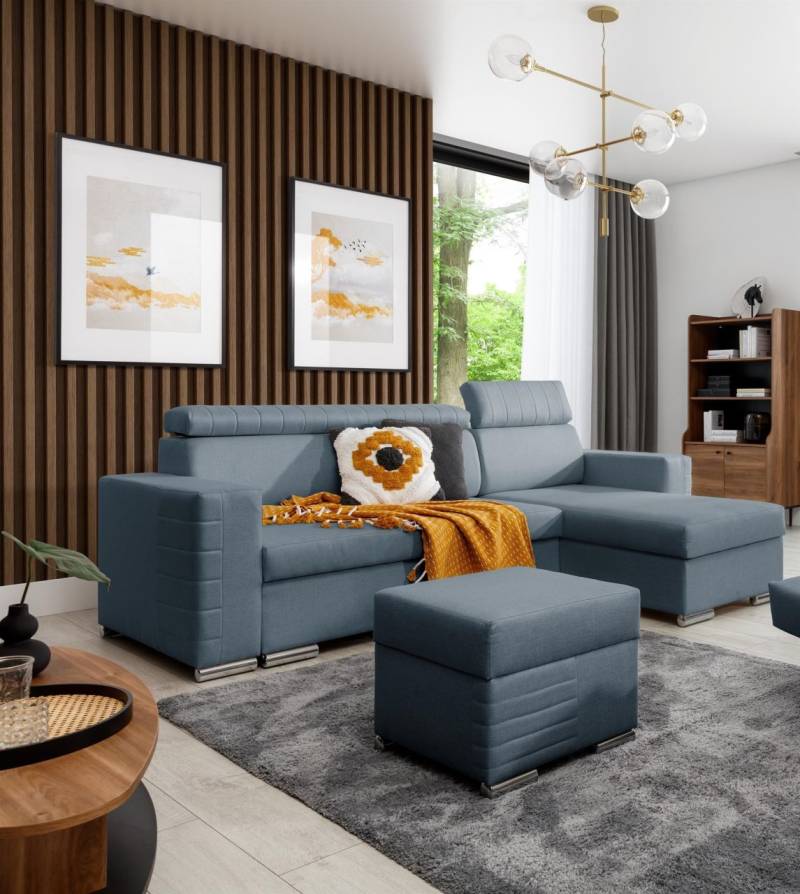 Ecksofa Schlafsofa inkl. Hocker CANTON Stoff Liverpool Azurblau Ottomane Rechts von Fun Möbel