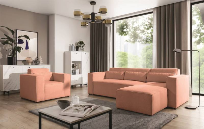 Ecksofa Schlafsofa inkl. Sessel WALDO Stoff Brooklyn Coral Ottomane Rechts von Fun Möbel