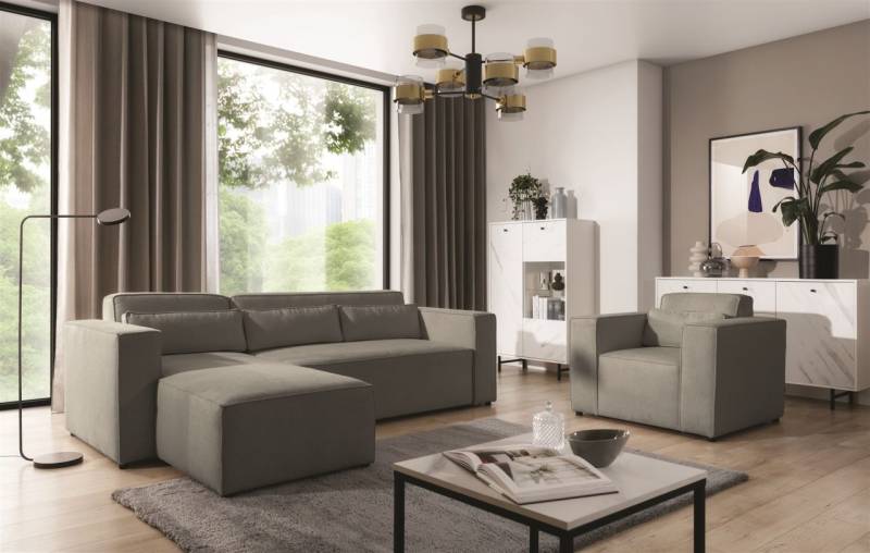 Ecksofa Schlafsofa inkl. Sessel WALDO Stoff Brooklyn Dunkelgrau Ottomane Links von Fun Möbel
