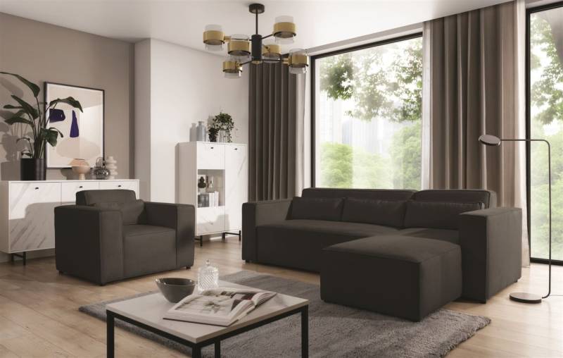 Ecksofa Schlafsofa inkl. Sessel WALDO Stoff Brooklyn Schwarz-Hell Ottomane Re... von Fun Möbel