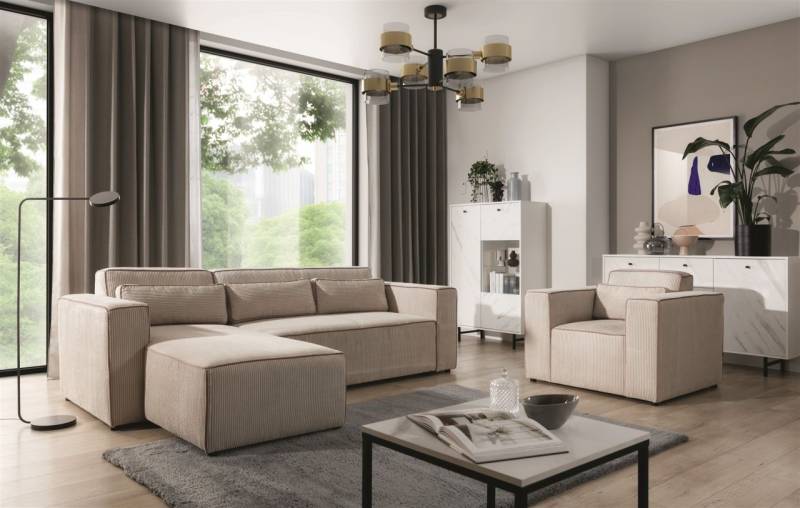 Ecksofa Schlafsofa inkl. Sessel WALDO Stoff Poso Beige Ottomane Links von Fun Möbel