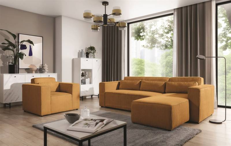 Ecksofa Schlafsofa inkl. Sessel WALDO Stoff Poso Senfgelb Ottomane Rechts von Fun Möbel