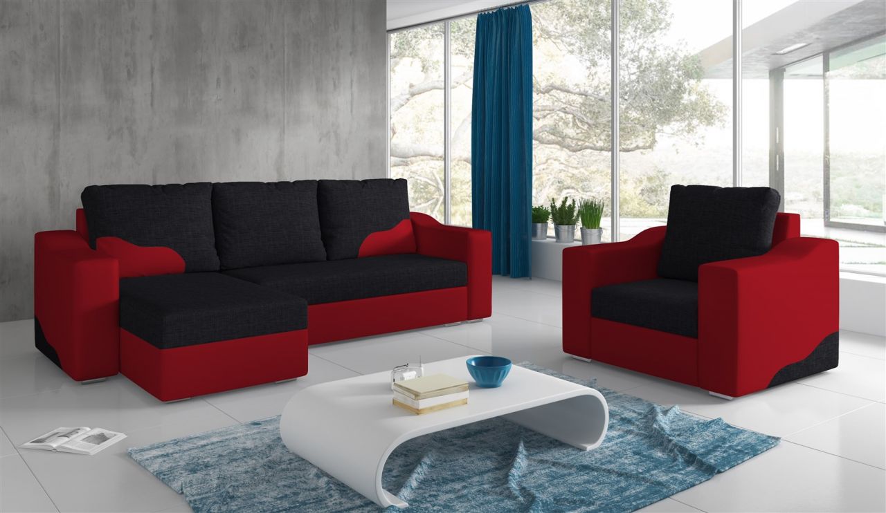 Ecksofa Set COLLIN Ottomane Links + Sessel Rot / Schwarz von Fun Moebel