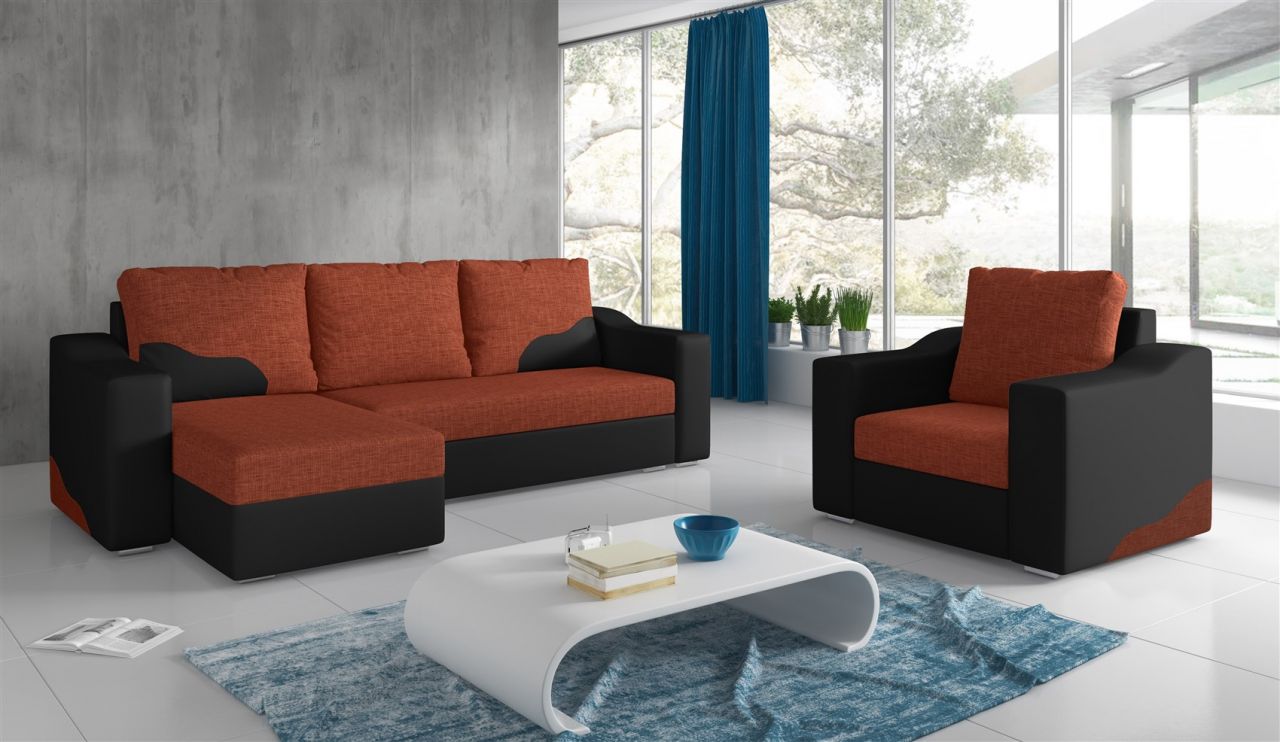 Ecksofa Set COLLIN Ottomane Links + Sessel Schwarz / Dunkelorange von Fun Moebel