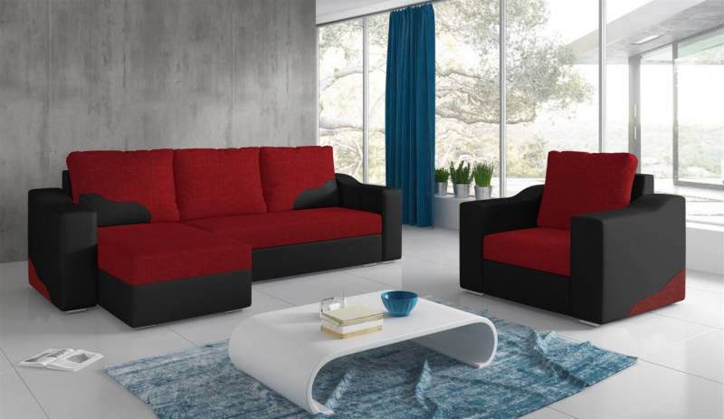 Ecksofa Set COLLIN Ottomane Links + Sessel Schwarz / Rot von Fun Moebel