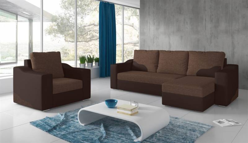 Ecksofa Set COLLIN Ottomane Rechts + Sessel Braun / Hellbraun von Fun Moebel