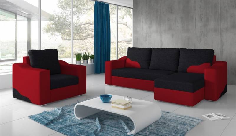 Ecksofa Set COLLIN Ottomane Rechts + Sessel Rot / Schwarz von Fun Moebel