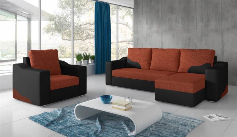 Ecksofa Set COLLIN Ottomane Rechts + Sessel Schwarz / Dunkelorange von Fun Moebel