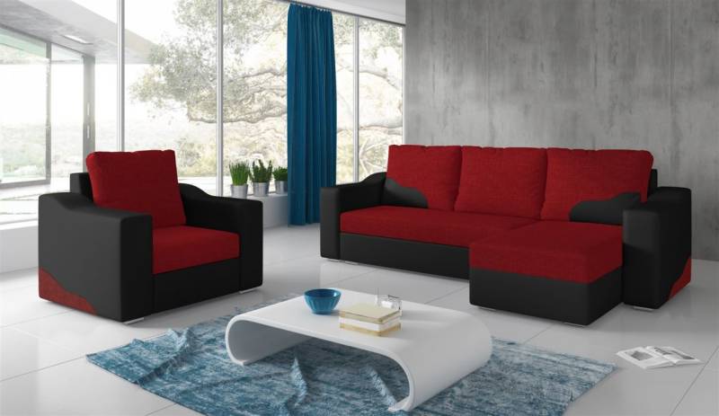 Ecksofa Set COLLIN Ottomane Rechts + Sessel Schwarz / Rot von Fun Moebel
