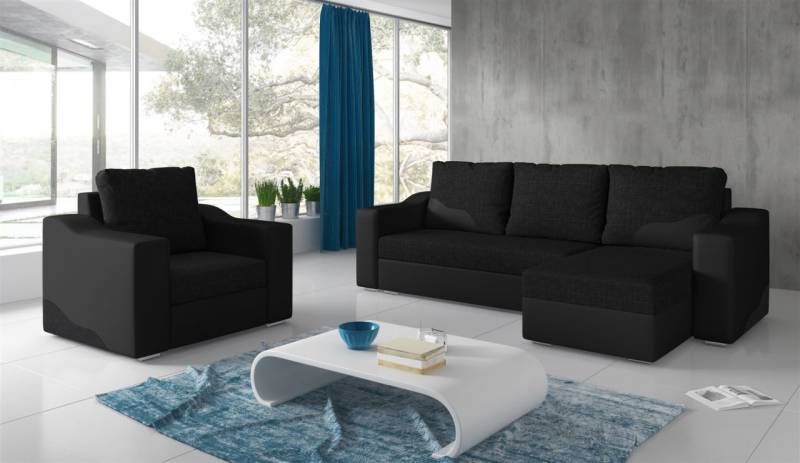 Ecksofa Set COLLIN Ottomane Rechts + Sessel Schwarz Ecksofa Set COLLIN Ottomane Rechts + Sessel Schwarz von Fun Moebel