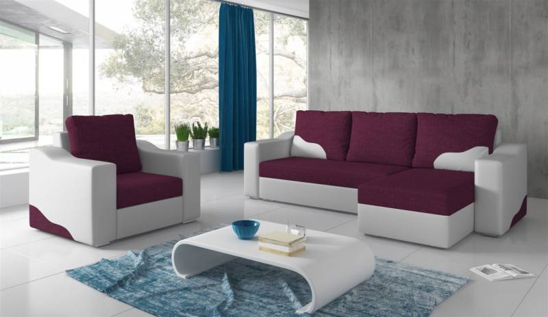 Ecksofa Set COLLIN Ottomane Rechts + Sessel Weiss / Violett von Fun Moebel