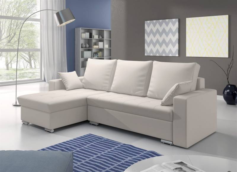 Ecksofa Sofa ADARA mit Schlaffunktion Kunstleder Weiss Ottomane Links von Fun Moebel