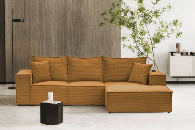 Ecksofa Sofa ALVARO inkl. QI Ladegerät Stoff Poso Senfgeld Ottomane Rechts von Fun Möbel
