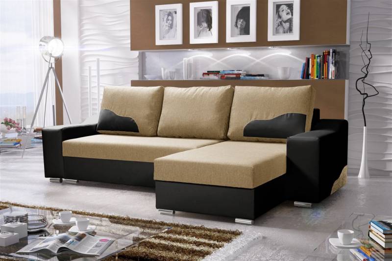 Ecksofa Sofa COLLIN mit Schlaffunktion Schwarz / Beige Ottomane Rechts von Fun Moebel