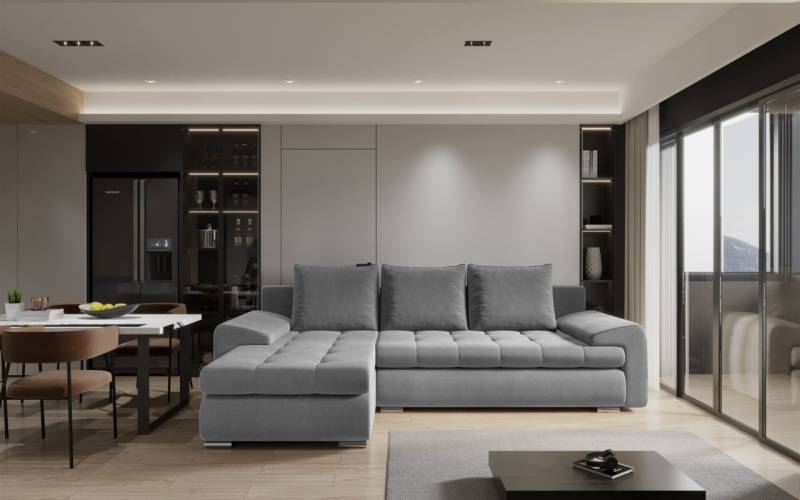 Ecksofa Sofa HECKTOR mit Schlaffunktion Stoff Castel Grau Ottomane Links von Fun Möbel