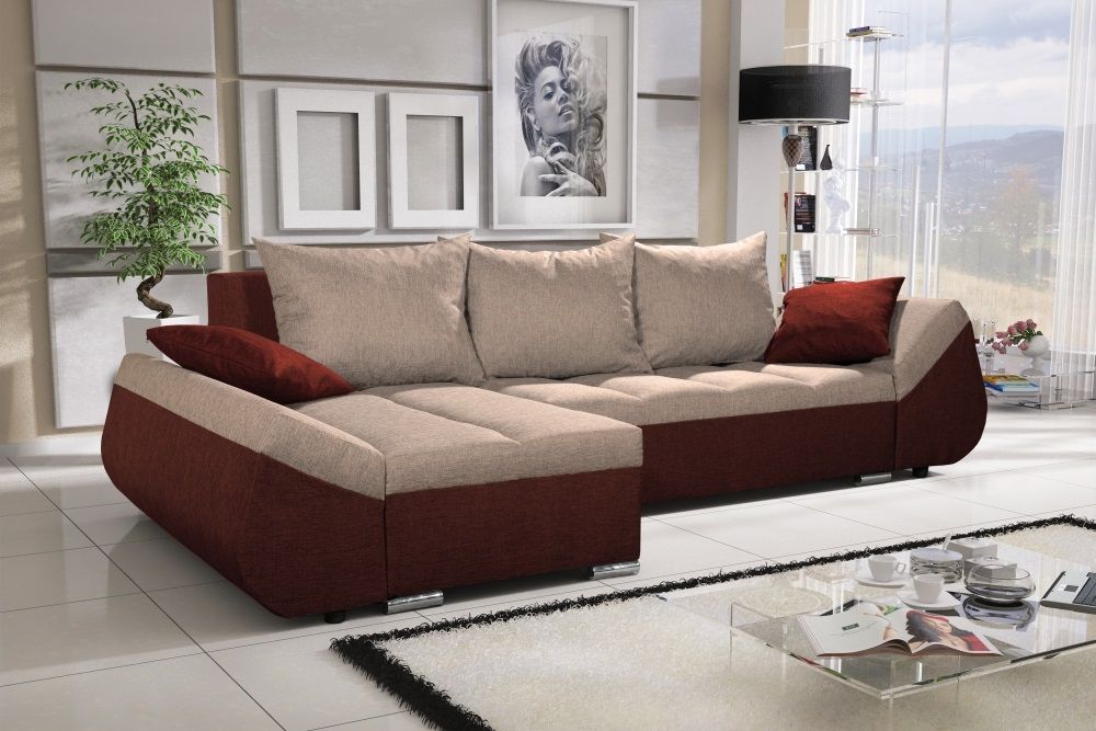 Ecksofa Sofa KLEO mit Schlaffunktion Braun-Beige Ottomane Links von Fun Moebel