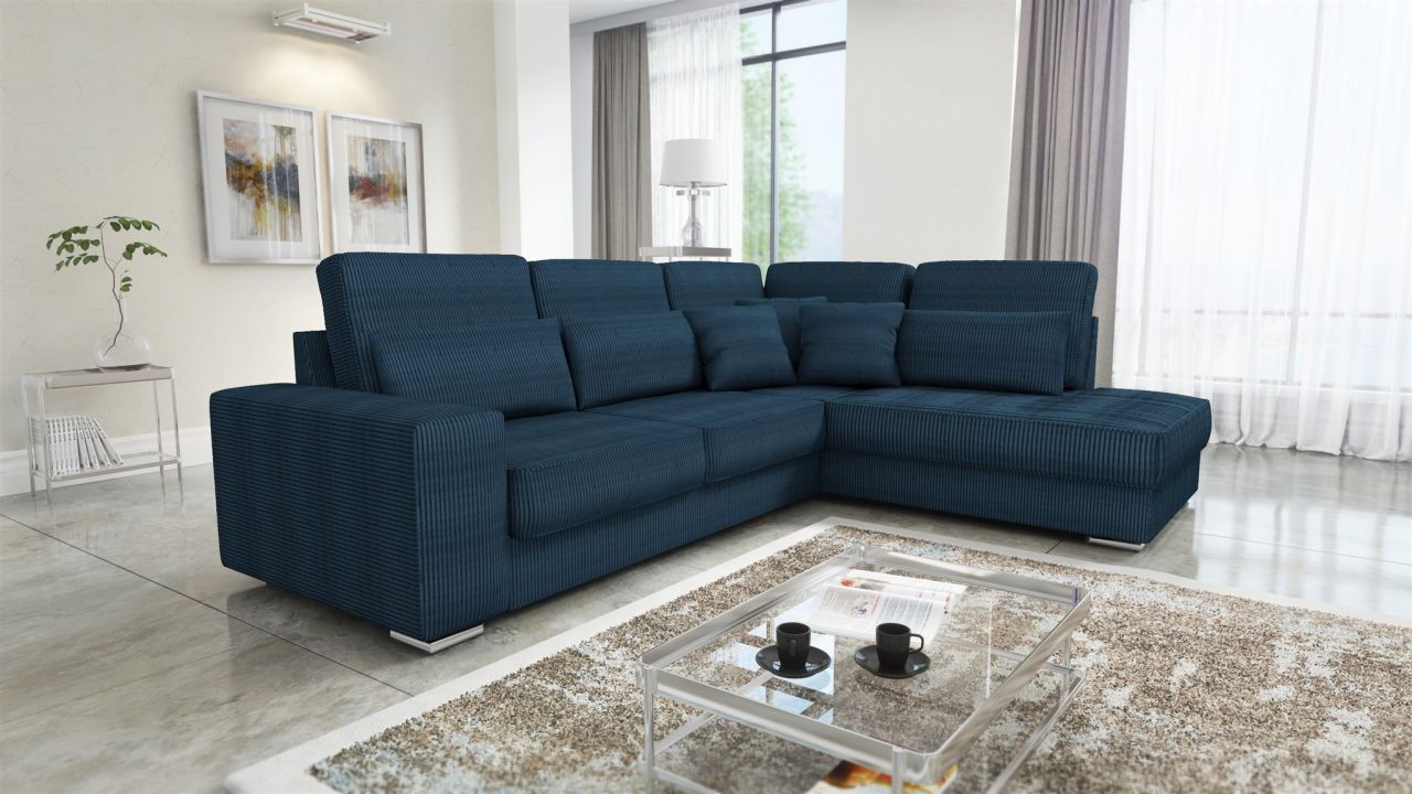 Ecksofa Sofa NEVIO XL Stoff Scala Dunkelblau Ottomane Rechts von Fun Möbel