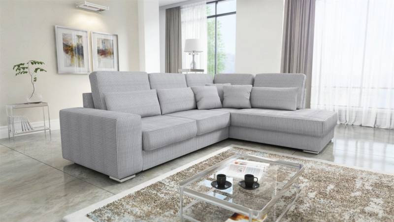 Ecksofa Sofa NEVIO XL Stoff Scala Hellgrau Ottomane Rechts von Fun Möbel