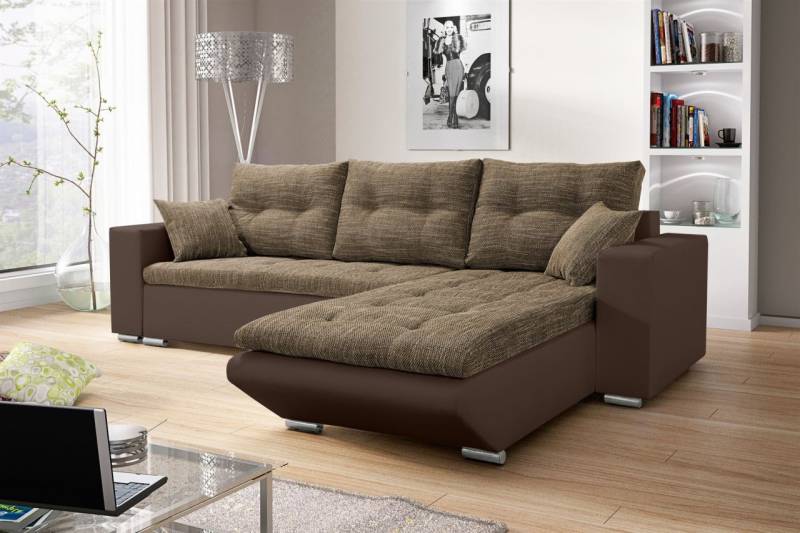 Ecksofa Sofa NINO mit Schlaffunktion Braun-Hellbraun Ottomane Rechts von Fun Moebel