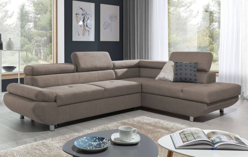 Ecksofa Sofa PANOS Stoff Esito Dunkelbeige mit Schlaffunktion Ottomane Rechts von Fun Möbel