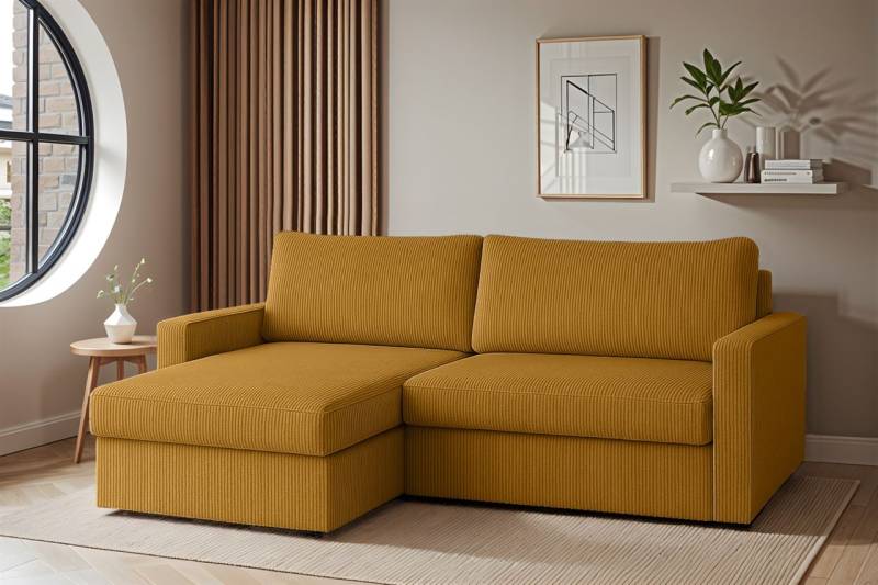 Ecksofa Sofa mit Schlaffunktion BENDIK Stoff Poso Honiggelb Ottomane Links von Fun Möbel