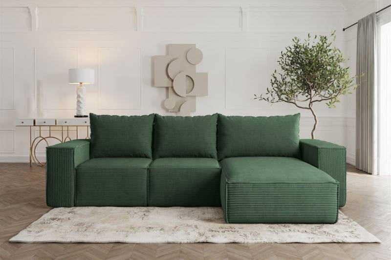 Ecksofa Sofa mit Schlaffunktion ESTELLE in Stoff Poso Grün Ottomane Rechts von Fun Möbel