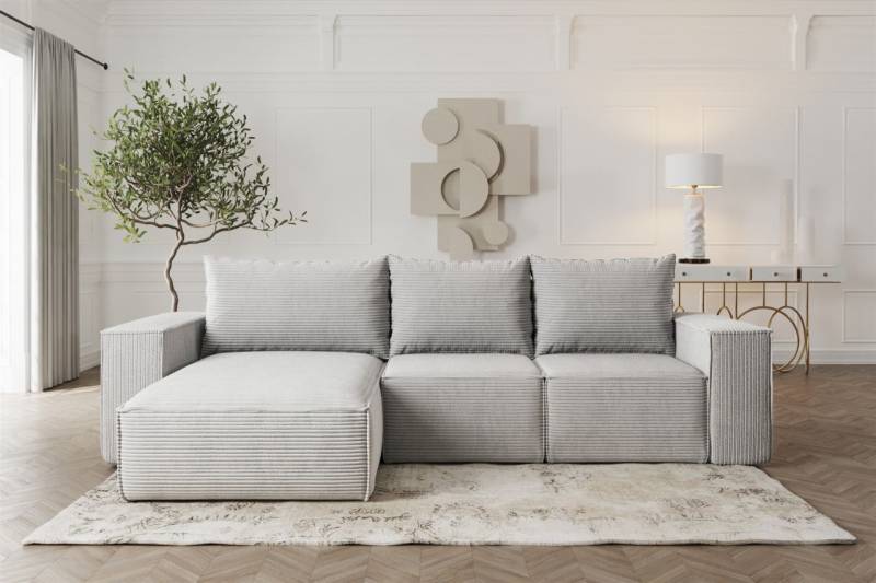 Ecksofa Sofa mit Schlaffunktion ESTELLE in Stoff Poso Hellgrau Ottomane Links von Fun Möbel