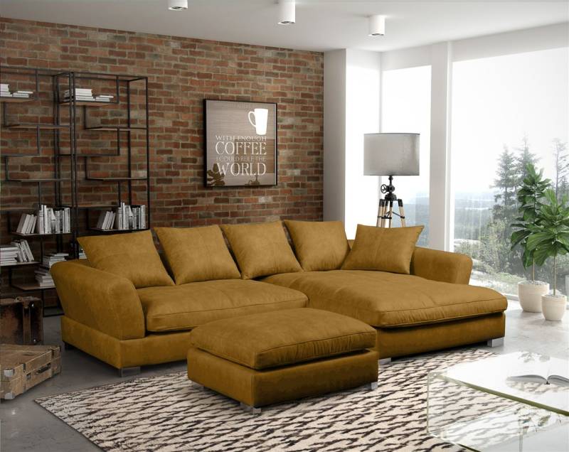 Ecksofa TIZIAN inkl. Polsterhocker in Stoff Salvador Honiggelb Ottomane Rechts von Fun Möbel