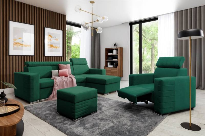 Ecksofa inkl. Hocker und Sessel CANTON Stoff Camelia Grün Ottomane Rechts von Fun Möbel