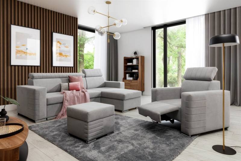Ecksofa inkl. Hocker und Sessel CANTON Stoff Camelia Hellgrau Ottomane Rechts von Fun Möbel