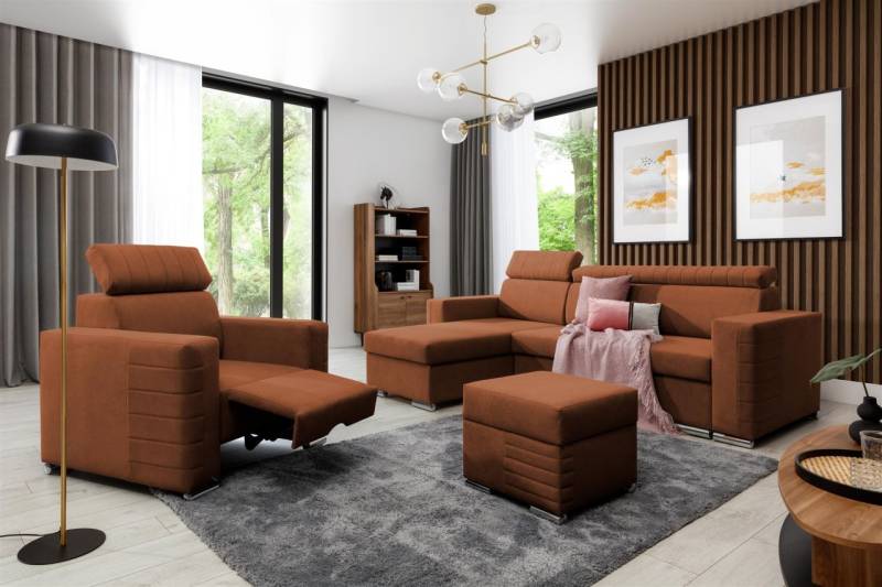 Ecksofa inkl. Hocker und Sessel CANTON Stoff Camelia Rostbraun Ottomane Links von Fun Möbel