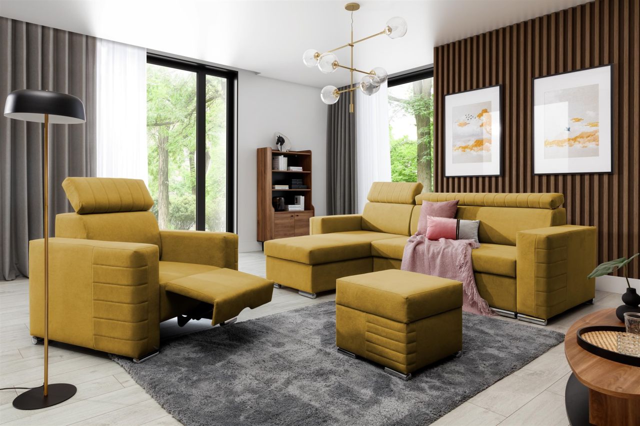 Ecksofa inkl. Hocker und Sessel CANTON Stoff Camelia Senfgelb Ottomane Links Ecksofa inkl. Hocker und Sessel CANTON Stoff Camelia Senfgelb Ottomane Links von Fun Möbel