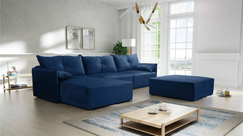 Ecksofa mit Schlaffunktion HUNTER in Royal Blau Ottomane Links inkl. Hocker von Fun Möbel