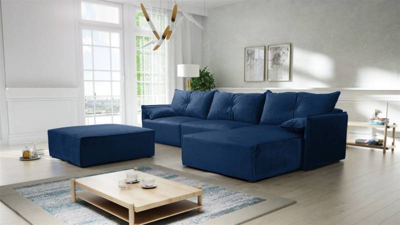 Ecksofa mit Schlaffunktion HUNTER in Royal Blau Ottomane Rechts inkl. Hocker von Fun Möbel