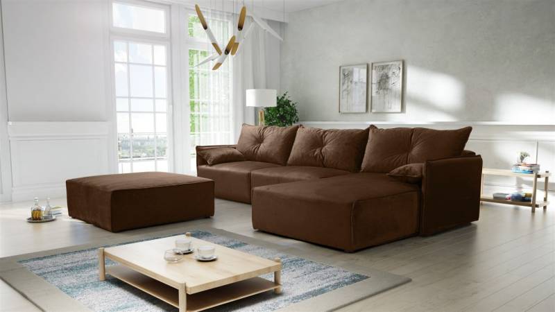 Ecksofa mit Schlaffunktion HUNTER in Royal Braun Ottomane Rechts inkl. Hocker von Fun Möbel