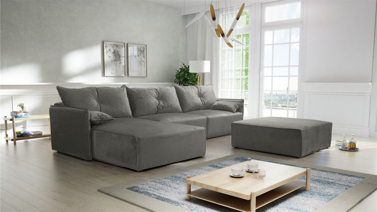 Ecksofa mit Schlaffunktion HUNTER in Royal Grau Ottomane Links inkl. Hocker von Fun Möbel