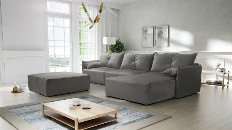 Ecksofa mit Schlaffunktion HUNTER in Royal Grau Ottomane Rechts inkl. Hocker von Fun Möbel