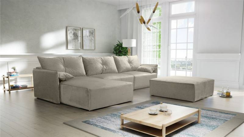 Ecksofa mit Schlaffunktion HUNTER in Royal Graubeige Ottomane Links inkl. Hocker von Fun Möbel
