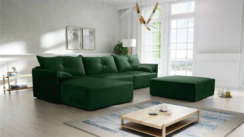Ecksofa mit Schlaffunktion HUNTER in Royal Grün Ottomane Links inkl. Hocker von Fun Möbel