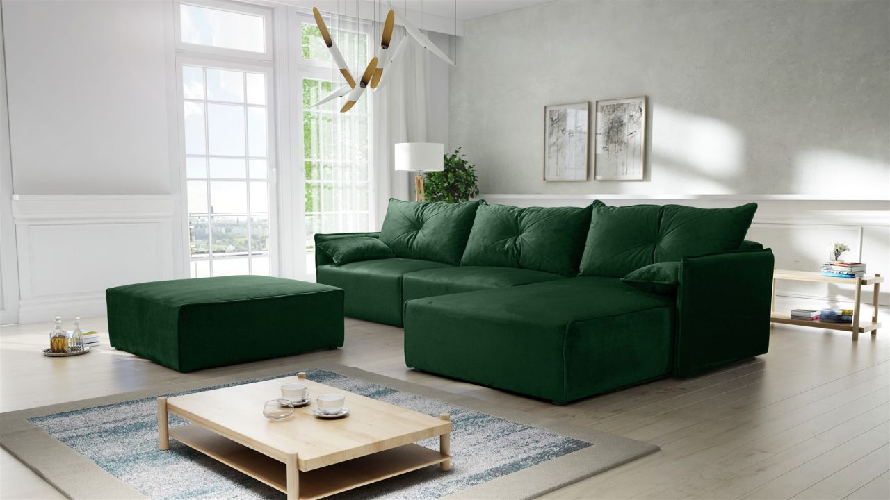 Ecksofa mit Schlaffunktion HUNTER in Royal Grün Ottomane Rechts inkl. Hocker von Fun Möbel