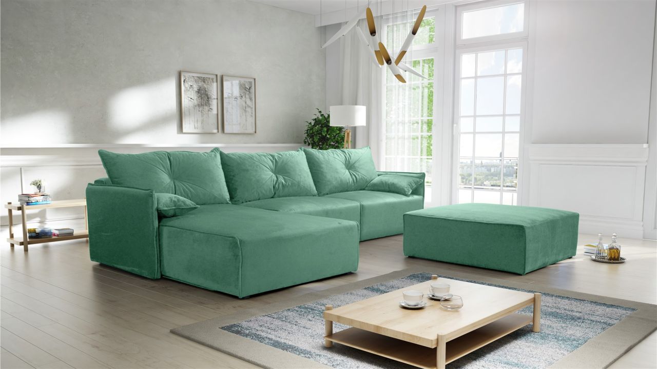 Ecksofa mit Schlaffunktion HUNTER in Royal Mintgrün Ottomane Links inkl. Hocker von Fun Möbel