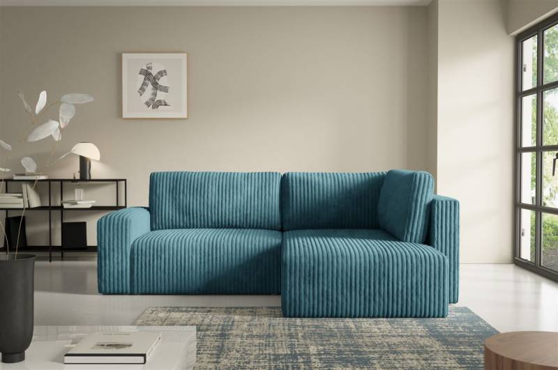 Ecksofa mit Schlaffunktion NATALIA XL in Stoff Tilia Blau Ottomane Rechts von Fun Möbel