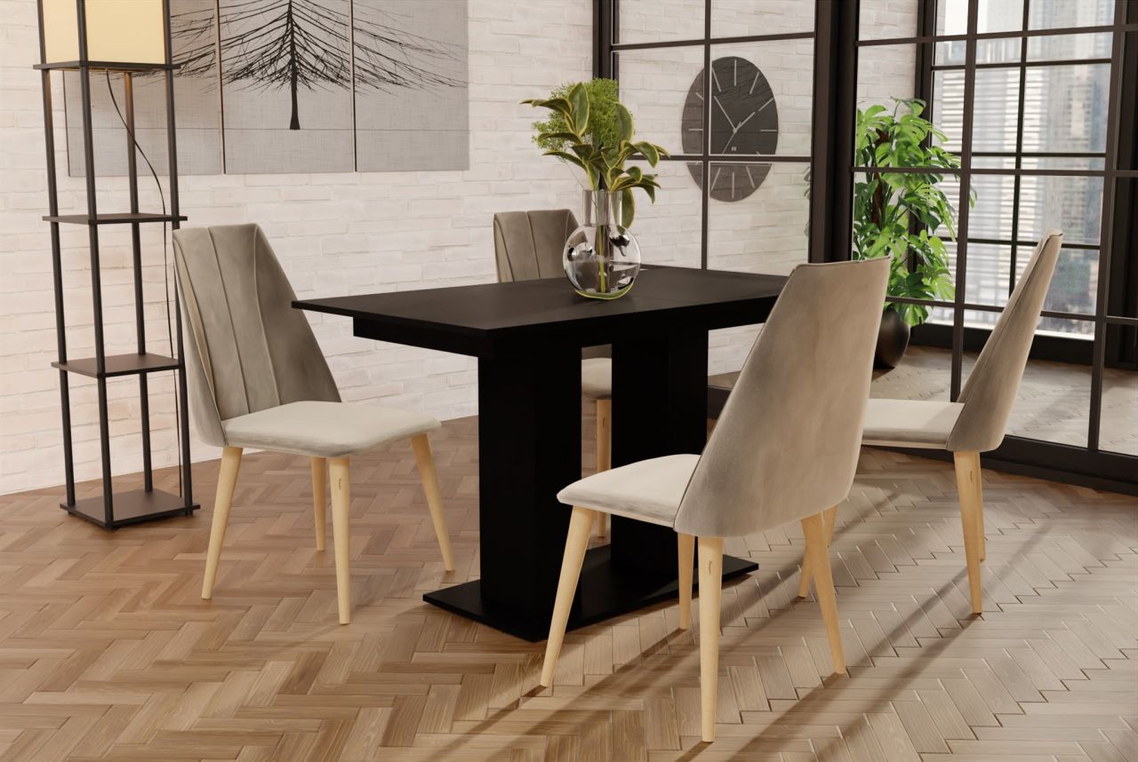 Essgruppe Schwarz matt-Tisch mit 4 Creme CAROS Stühlen für Esszimmer, Küche von Fun Moebel