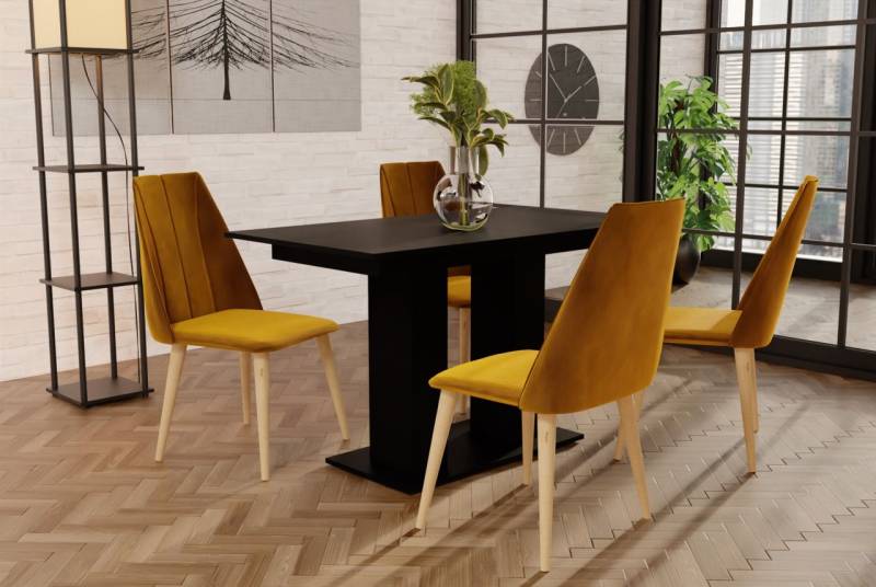 Essgruppe Schwarz matt-Tisch mit 4 Gelb CAROS Stühlen für Esszimmer, Küche von Fun Moebel