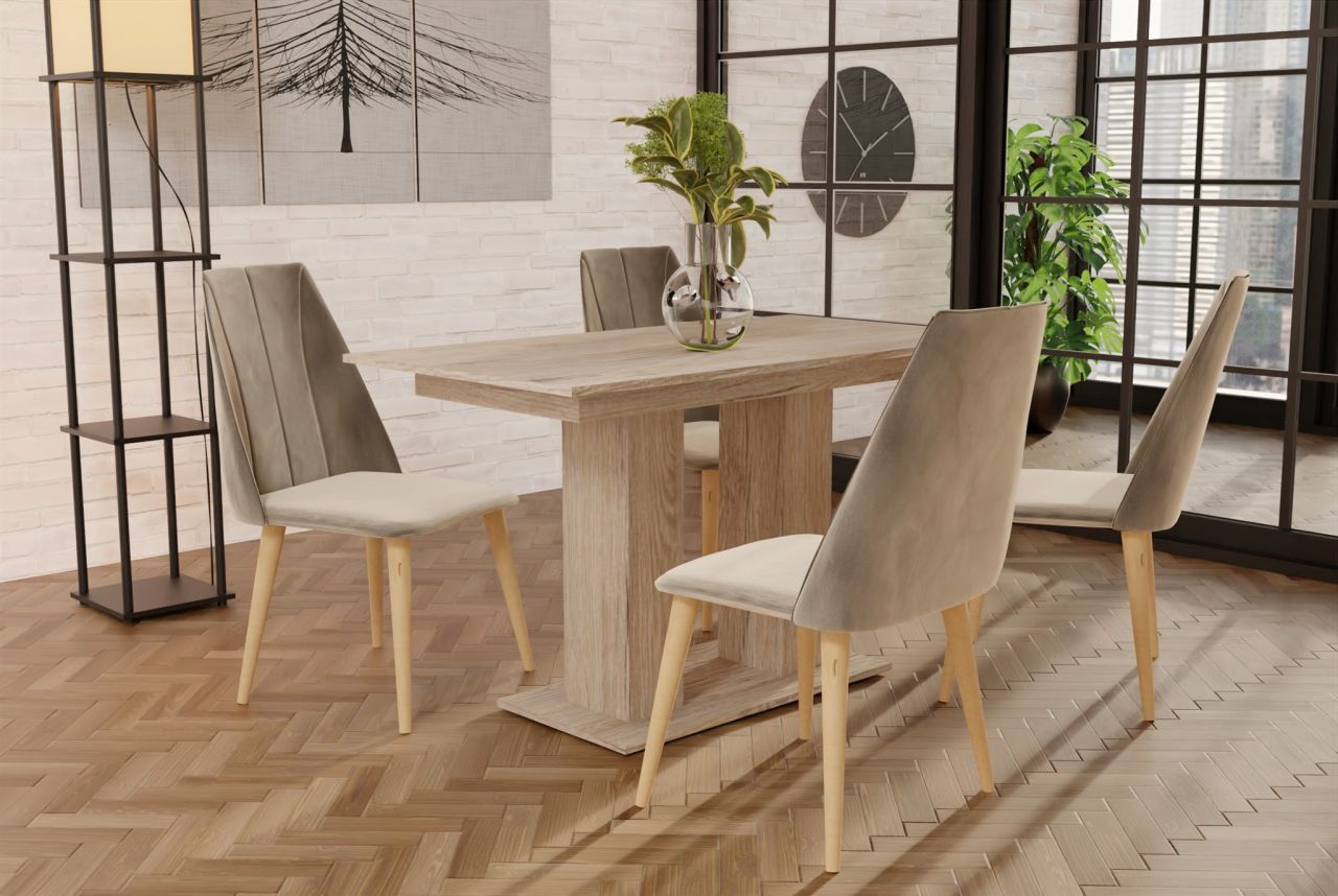 Essgruppe Sonoma matt-Tisch mit 4 Creme CAROS Stühlen für Esszimmer, Küche von Fun Moebel