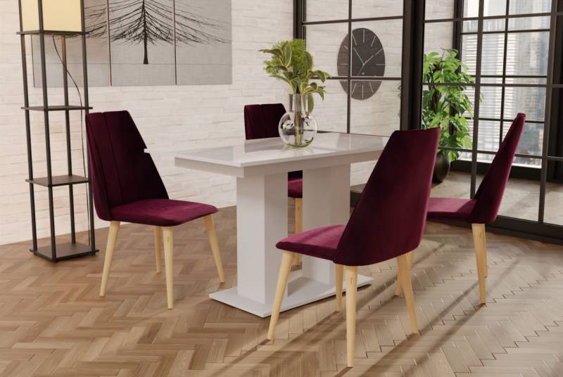 Essgruppe Weiss HGL-Tisch mit 4 Bordeauxrot CAROS Stühlen für Esszimmer oder ... von Fun Moebel