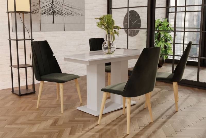 Essgruppe Weiss HGL-Tisch mit 4 Braun CAROS Stühlen für Esszimmer oder Küche von Fun Moebel