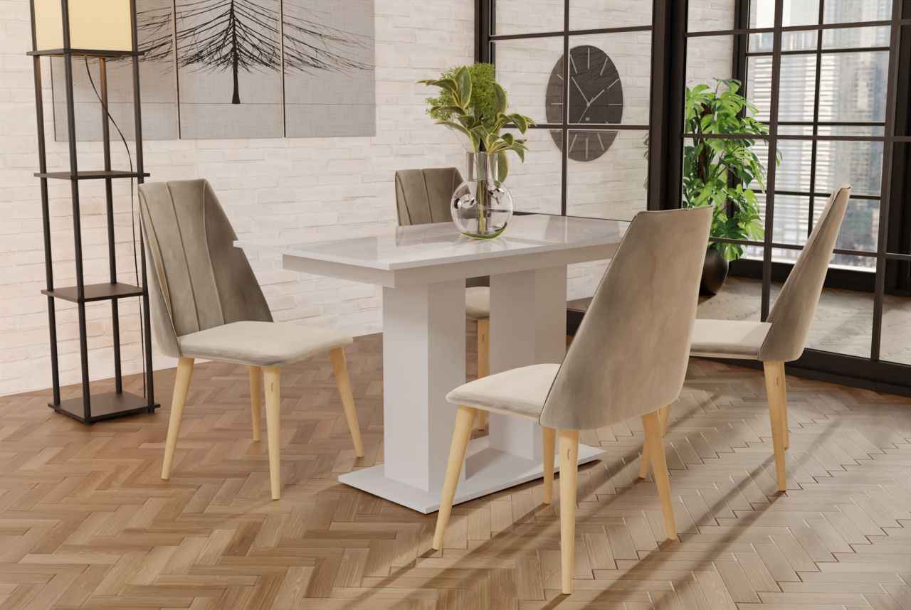 Essgruppe Weiss HGL-Tisch mit 4 Creme CAROS Stühlen für Esszimmer oder Küche von Fun Moebel